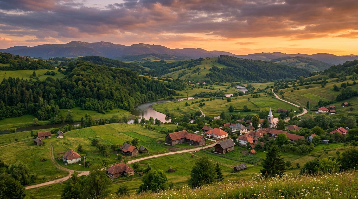 Peisaj natural din Slatina-Timiș - valea cu dealuri verzi, râu și sat tradițional